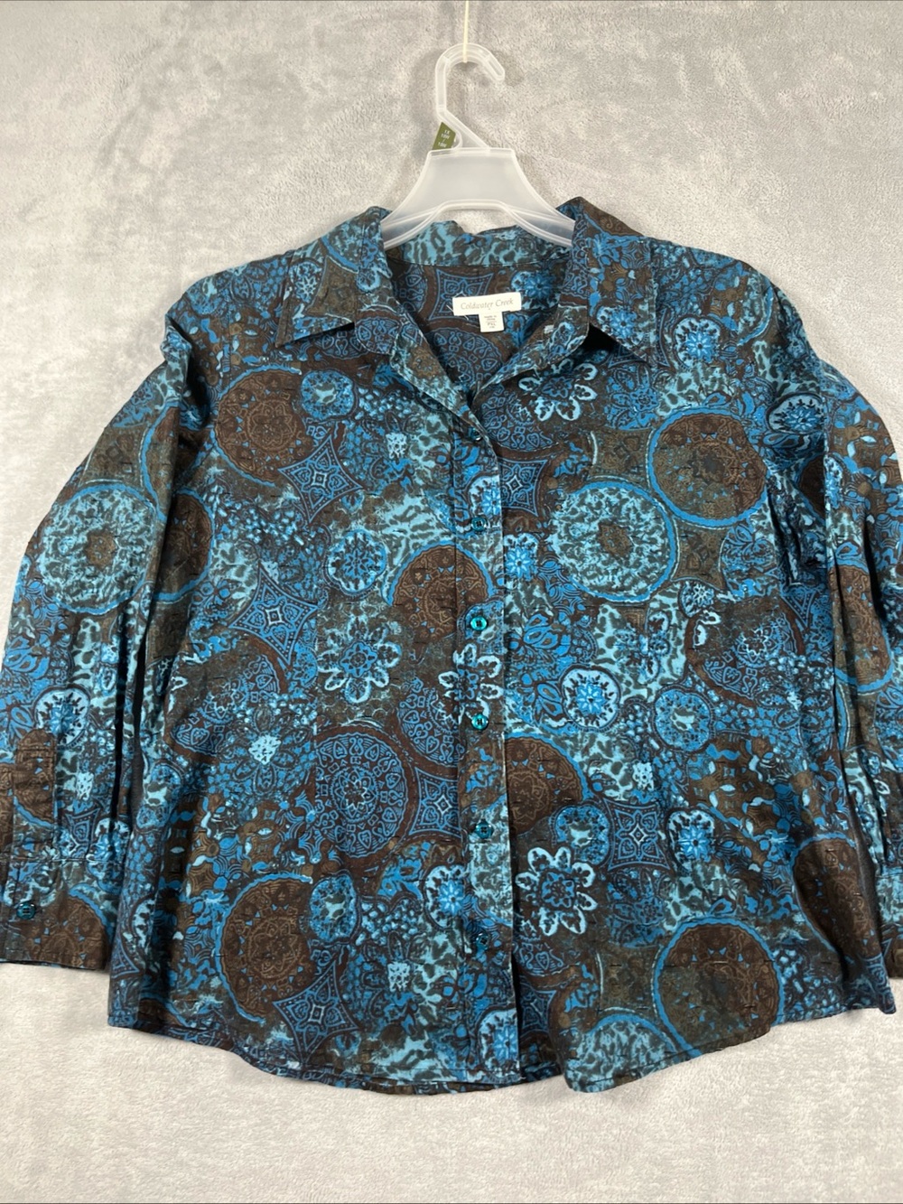 Coldwater Creek Teal and Brown Paisley Button-Down Shirt